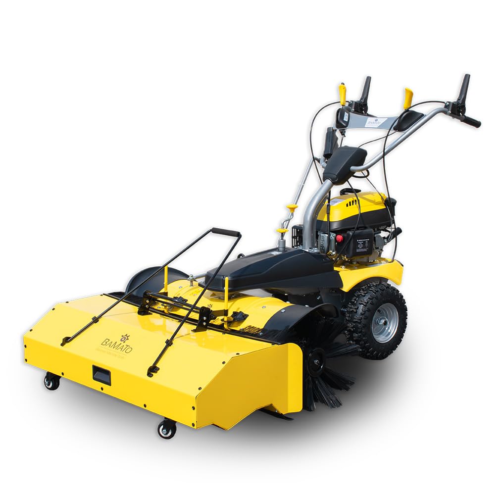 BAMATO Kehrmaschine KEM-1000 | Kehrbreite 1000 mm | mit E-Start & vers. Aufsätzen | 5 IN 1 | Antrieb mit Stollenprofil | E-Start | inkl. Schneeschild | inkl. Auffangbehälter