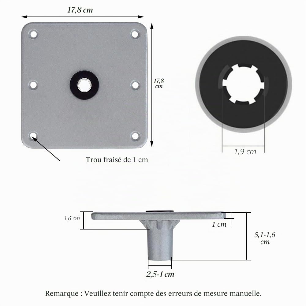 Base de siège de bateau avec pivot, en alliage d'aluminium antidérapant, base robuste pour sièges de bateau, siège de capitaine et sièges de pêche pour une utilisation en mer (1)