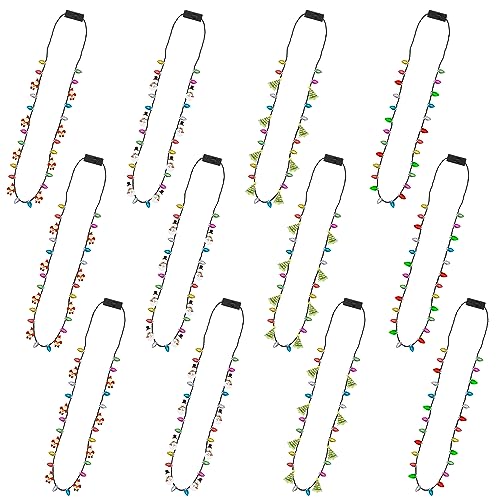 EOBOH 12pcs Christmas Necklaces Party Favors Women Men, Glowing Bulb Light Tree Santa Candy Cane Xmas Necklaces, 3 Modes Colorful Ugly Christmas Xmas New Year Eve Party Supplies