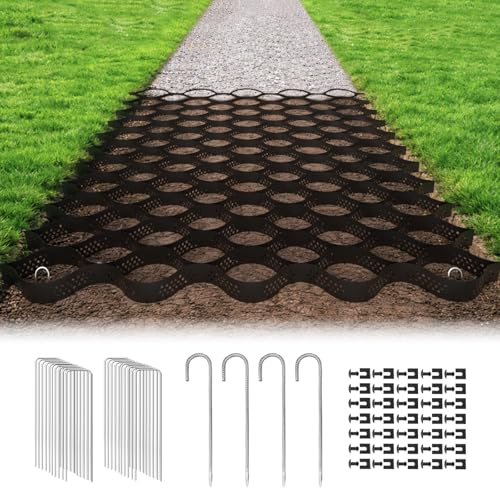 Image of Gravel Grid 2'' Depth with Metal Stakes, 6.6x33 FT Geogrid for Gravel Driveway 2200 lbs per Sq FT Erosion Control Ground Grid Gravel Stabilizer Grid for Driveway, Parking Lot, Slope, Walkway, Patio
