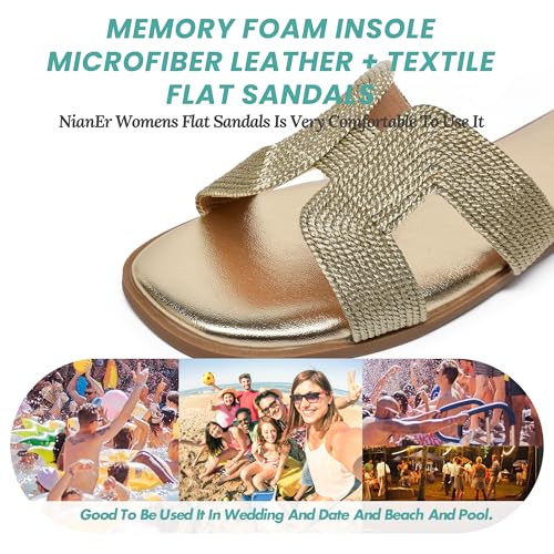 Image of NianEr Womens Microfiber Leather Memory Foam H Sandals Summer Shoes Slides | Flat, Comfortable, Slip On, Dressy, Dress, Beach, Vacation, Designer, Comfy, Casual, Bridal, Church, Boho, Office, Work