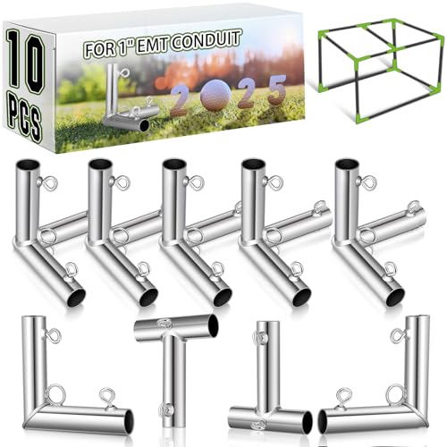 Blulu 10 Pieces 1'' Golf Frame Corner Kit Canopy Fittings with Threaded Eye Bolts for EMT Conduit 10' L x 10' W x 10' H DIY Golf Practice Cage Nets Backyard Indoor Outdoor Home, Silver