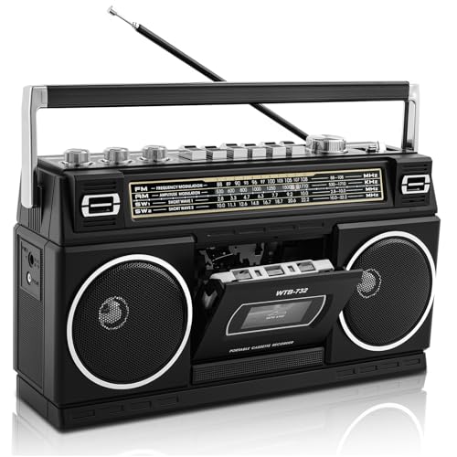 Retro-Classic-Portable-Boombox im 80er-Jahre-Stil mit Kassettenrecorder, AM/FM/SW1/SW2-Radio, Bluetooth-Streaming, USB/SD, AUX, 2 Stereolautsprecher, 24W Dual Full-Range High-Bass-Lautsprechern