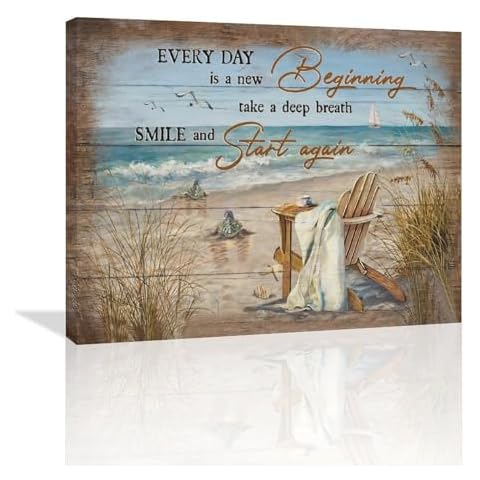 Beach Sea Turtle Wall Art Coastal Ocean Turtle Bathroom Pictures Wall Decor Every Day is a New Beginning Inspirational Quotes Canvas Painting Prints Artworks Framed for Living Room Bedroom 24"x20" Cover