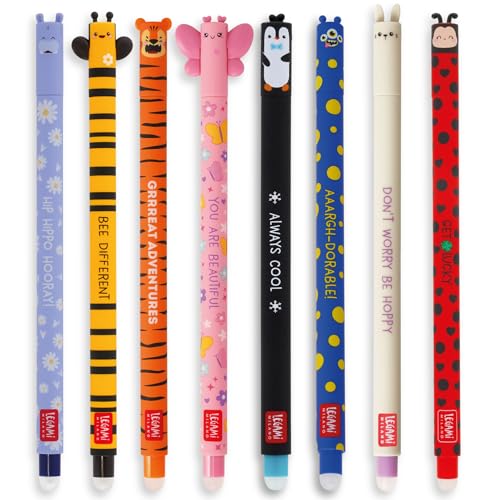 Legami – Set de 8 rotuladores de gel borrables, tema Animales, bola en el extremo para eliminar la tinta, negro, azul, violeta, rojo, turquesa, naranja, termosensible, diámetro de la punta 0,7 mm