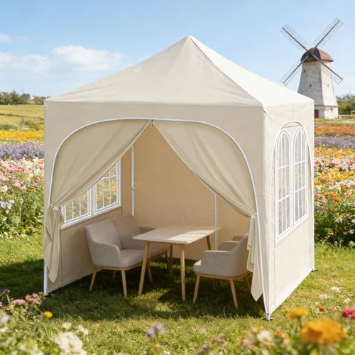 Cenador plegable de 2 x 2 m, resistente al agua, protección UV, con 4 paredes laterales, marco de metal y 210D Oxford, cenador de jardín, carpa estable, beige