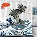 Wegklazax Dinosaur Shower Curtain Monster Funny Shower Curtain Japanese Ocean Wave Shower Curtains Bathroom Curtain Decor Set with 12 Hooks Japanese Monster 72×72 Inches