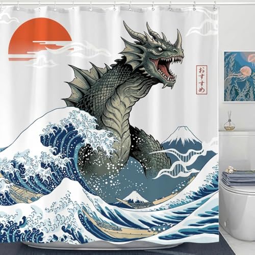 Wegklazax Duschvorhang mit japanischem Monster, 183 x 183 cm, Badezimmer-Vorhang-Dekor-Set mit 12 Haken