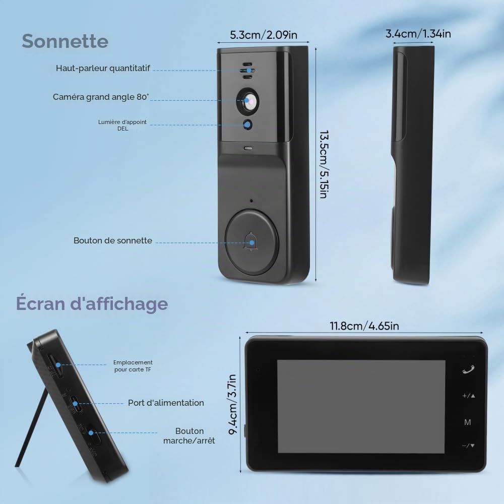 Sonnette Vidéo avec Caméra, 1080P HD Sonnette sans Fil, IP65 Étanche, Écran IPS 4,3" avec Interphone et Vision Nocturne, Angle de Détection 80° (Noir)