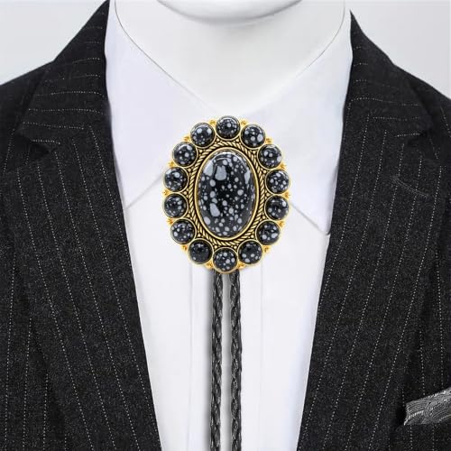 Image of GelConnie Bolo Tie for Men Women Western Cowboy Turquoise Leather Necktie | Natural Stone Bolo Tie Necklace for Women Rodeo Cowboy Leather Necktie Native American Western Cowgirl Ties Adjustable Cord