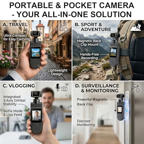 Image of 1080P Handheld Vlog Camera Portable Pocket Action Camera with Rotatable Lens, Mini Body Cam with Audio and Video Recording for Outdoor Sports, Cycling, Travel Vlogging Gimbal Camera