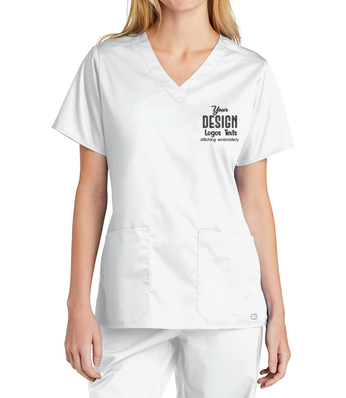 INK STITCH Women Custom WW4560 Women Custom Embroidered Logo Texts V Neck Scrub Shirts - White (XS)