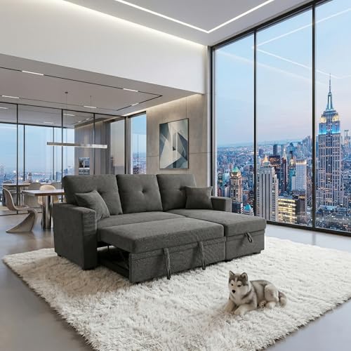 Image of KEIKI 71 inch Sectional Sleeper L Shaped Sofa with Pull Out Bed, 3 Seater Sleeper Sofa with Reversible Chaise, Modular Sectional Sofa with Storage for Living Room, Dark Gray