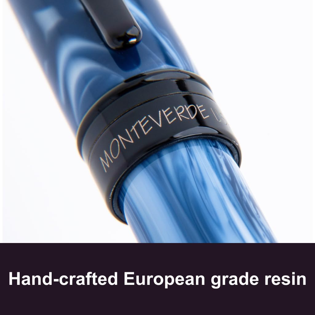 Monteverde USA Prima Blue Swirl Fountain Pen - Stub Nib, Handcrafted Resin, JoWo Nib, Refillable, Luxury Gift Box