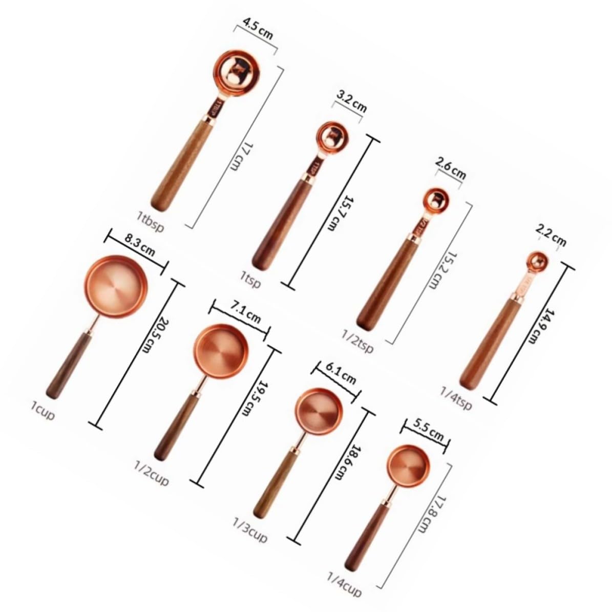 Messelöffel und Messbecher und 8 Stück aus Walnuss Holzgriff und Edelstahl in Roségold mit Doppelter Skala Multifunktional und Leicht zu Reinigen für Küche