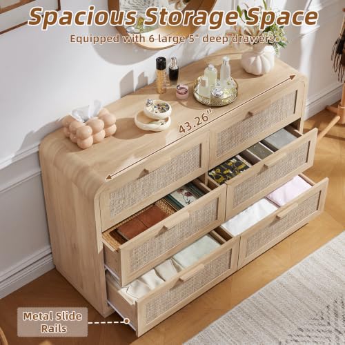 Image of LEYAOYAO Rattan 6 Drawer Dresser for Bedroom, Natural Wood | Boho 49 inch Wide Curved Dressers & Chests of Drawers with Solid Wood Handle & 5 inch Deep Drawers & Anti-Tip Safety
