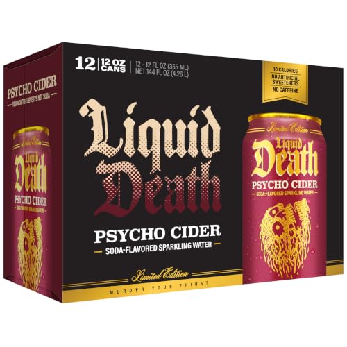 Image of Liquid Death Soda-Flavored Sparkling Water - Psycho Cider (Apple Cinnamon), Less Sugar*, Huge Flavor, No Caffeine, No Artificial Sweeteners, 12 Fl Oz (Pack of 12)