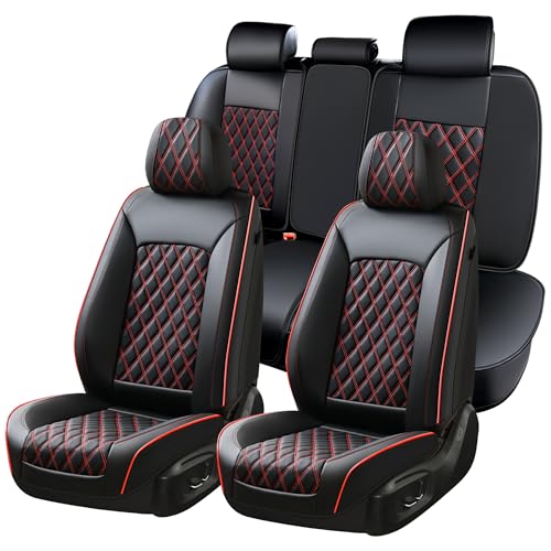 Image of Huidasource Seat Covers, Car Seat Cover Nappa Leather Universal Fit for Most Cars, Vans, Trucks, SUVs, Compatible with Airbags, Child Seat, Car Seat Covers Velcro Adjustable (Full Set /Black&Red)