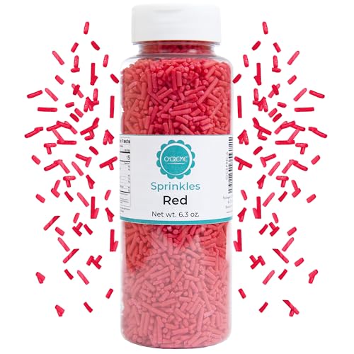 Image of O'Creme Red Sprinkles for Cake Decorating, Kosher, 6.3oz | Easy-pour jar packed with pastel red sprinkles - perfect for cupcakes, cookies, and ice cream toppings.