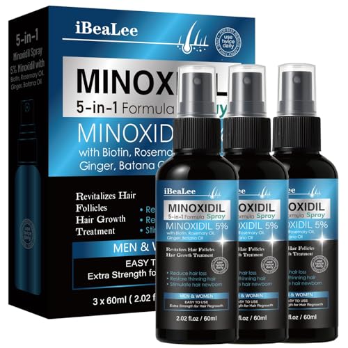 5% Minoxidil for Men and Women Hair Growth Hair Loss Treatments Serum with Biotin Batana and Rosemary Minoxidil Hair Growth Spray for Stronger Thicker Fuller Hair Beard Regrowth 3 Bottles