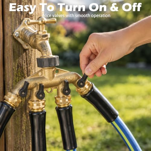 Image of SheeChung 4 Way Hose Splitter, Heavy Duty Brass Garden Hose Splitter Manifold, 3 /4 inch Multi Water Hose Connector Adapter, Outdoor Faucet Spigot Splitter with 4 Shut-Off Valves