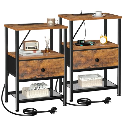 AMHANCIBLE Bedside Table Set of 2 with Charging Station, Nightstand with Fabric Drawer and Open Storage Shelf, Small Side Table, Bedside Cabinets for Living Room, Sturdy Metal Frame, Brown HETS010PBR