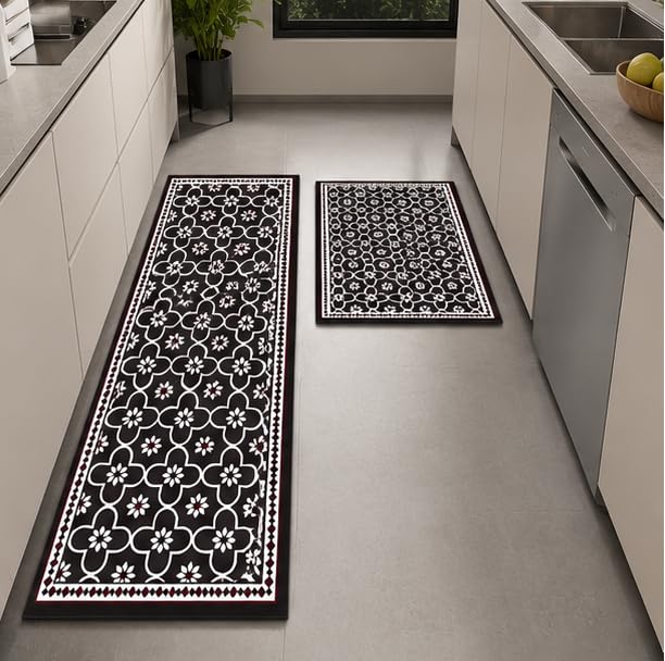 Image of HomeCloud Rubber Kitchen Mats for Floor Set of 2 Pcs | Non-Skid, Soft Absorbent Rugs for Kitchen, Laundry, and Hallway | 120x40cm, 40x60cm| 4mm Thickness (Black Trap Flower)
