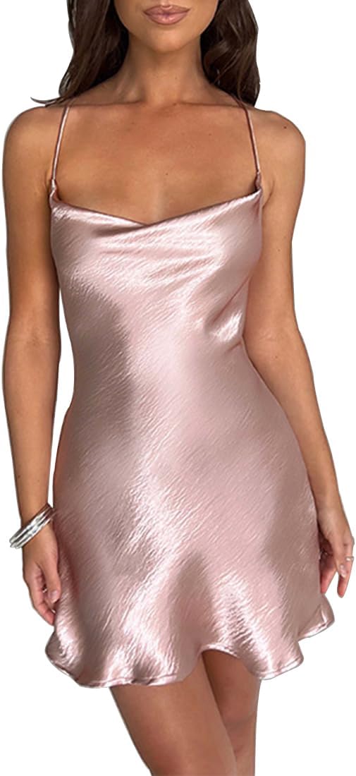 SHESEEWORLD Women's Sexy Sleeveless Spaghetti Strap Low Cut Backless Wrap Satin Dress A-line Bodycon Drape Mini Dress