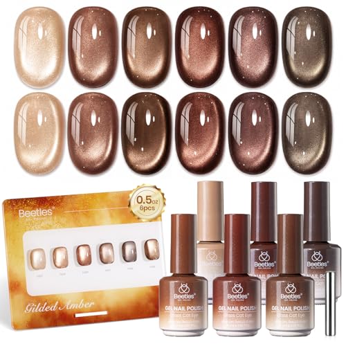 Image of Beetles Brown Cat Eye Gel Nail Polish Set - Gilded Amber 6 Colors 15ML Full Size Glitter Gel Polish Kit Glass Cat Eye Magnetic Effect Soak Off UV Nail Art Salon DIY at Home Fall Winter Nails