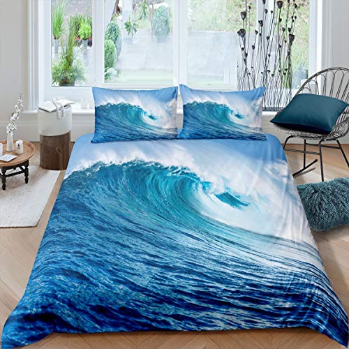 Feelyou Ocean Wave Duvet Cover Set Twin for Kids Summer Sea Beach Bedding Set Hawaiian Tropical Printed Bedding Cover Microfiber Comforter Cover with 1 Pillow Shams, Blue,Zipper, 2Pcs