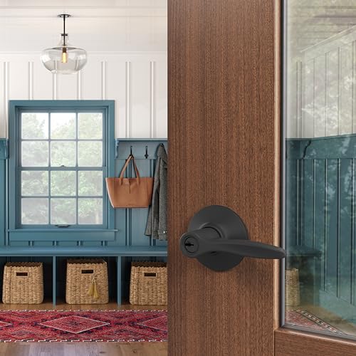 Image of Schlage Delfayo Keyed Entry Door Handle, Reversible, Matte Black | Keyed entry lever door handle with turn-button lock, Easy to install, Certified security & durability, Universal fit, 2 keys