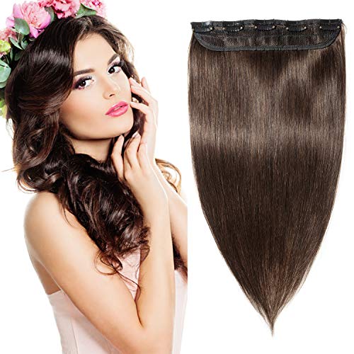 S-noilite 24inch Clip in Human Hair Extensions One Piece 5 Clips 3/4 Full Head Soft Silky Clip on Remy Hair For Women Add Hair Volume Gift 60g #2 Dark Brown
