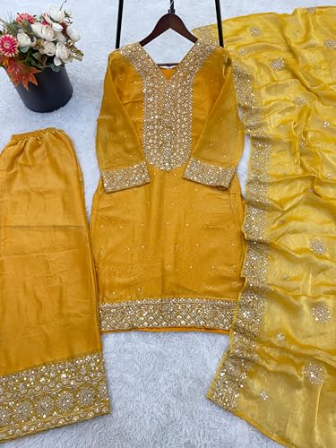 Image of JIYA'S Collection Women Eid Special Fendy Silk Embroidered Kurta Palazzo Set with Dupatta