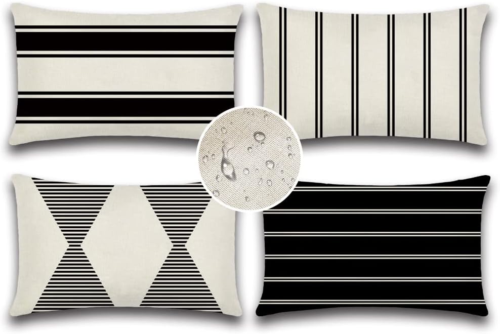 OTOSTAR Outdoor Decorative Pillow Covers Waterproof Garden Throw Pillow Covers 12x20 Inch Cushion Case Geometry Throw Pillowcases Pillows Shell for Patio Furniture Couch Tent Balcony Pack of 4 (Black)