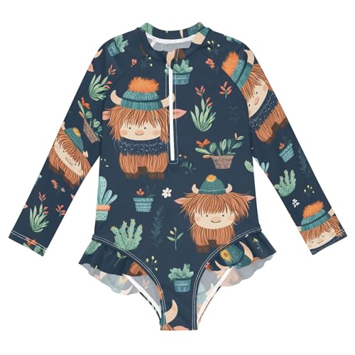 ALAZA Swimsuit for Girls Long Sleeve Rashguard Bathing Suit Cute Bison Quick Dry 4T