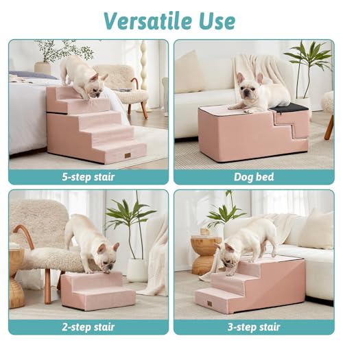 Image of COZY KISS Dog Stairs for Small Dogs, 5 Step Pet Stairs for Beds & Couches | 23.6 inch Extra Wide Non-Slip Dog Steps with Removable Tiers & Support Board for Puppies, Older Cats & Dogs, Pink