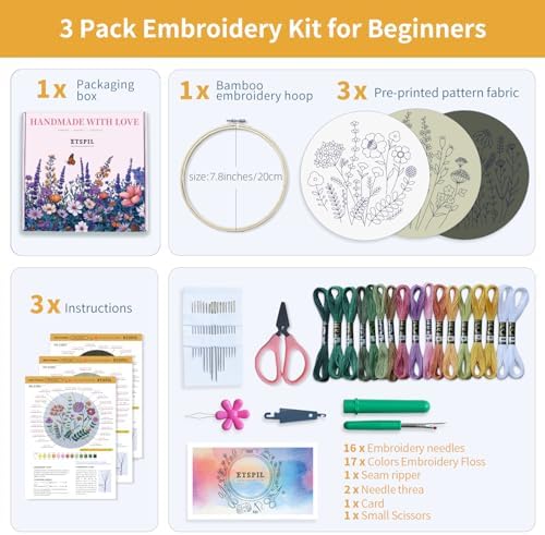 ETSPIL 6 Pack Beginner Embroidery Kits for Adults – DIY Starter Set with 33 Stitch Techniques, Stamped Flower Patterns, Embroidery Hoop, Colorful Threads, Tools, Step-by-Step Instructions & Video Tuto image 4
