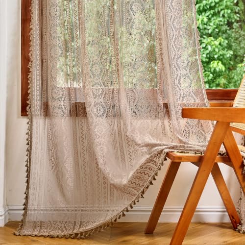 Image of MYSKY HOME Brown Boho Lace Sheer Curtains with Tassels 72 Inch Length 2 Panels Vintage Floral Bohemian Rustic Crochet Geometry Striped Rod Pocket Drapes for Living Room Bedroom, 55 inch Wide