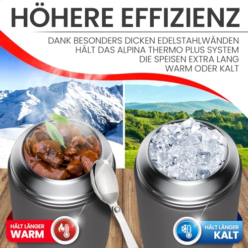 Foto von alpina Thermobehälter für Essen - SPÜLMASCHINENFESTER Thermo Becher 530ml mit Druckausgleich und faltbarem Löffel - Hält extra lange warm und kalt Edelstahl Thermobecher BPA frei (530, Oval, 1, 20079)