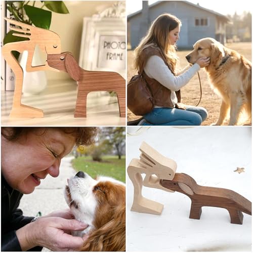 TESSTSY Holzfiguren Skulptur Ornamente Set, Holzschnitzerei von Hunden und Menschen, Abstrakte Stil Menschen mit Hund Statue, Holzschnitzerei für Hunde für Zuhause, Büro, Schlafzimmer (Frau und Hund)