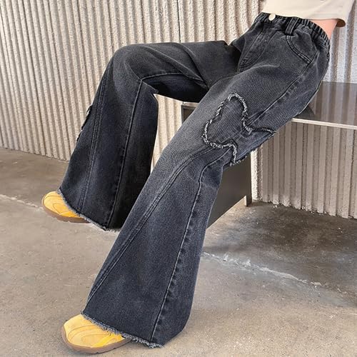 Girls Flared Jeans Butterfly Embroidery Elastic Waist 𝗥aw 𝗛em Jeans 𝗩intage Floor Length Pants with Pocket2