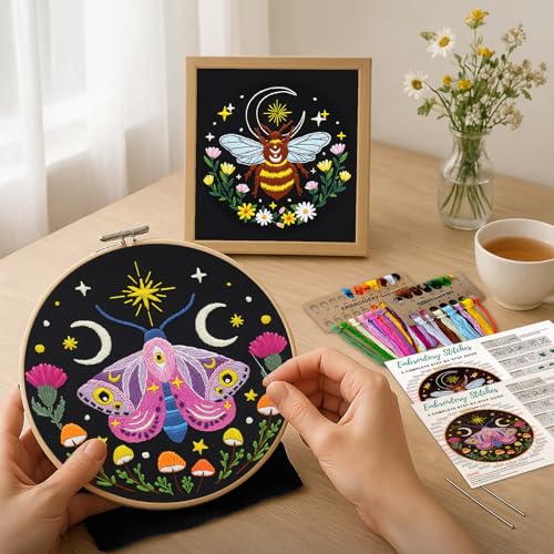 Image of Nuberlic 3 Pack Embroidery Kit for Adults Beginners, Stamped Cross Stitch Moth and Bee Patterns with Hoop, Thread, Needles & Step-by-Step Guide Easy DIY Starter Kit