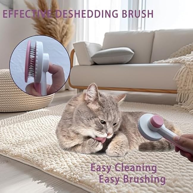 Cat Grooming Brush Kit 6 Tools - Deshedding & Dematting for Long/Short Hair, Self-Cleaning Slicker Brush with 6-in-1 Flea Comb for Cats & Kittens (Pink)-6Eb0xUM7