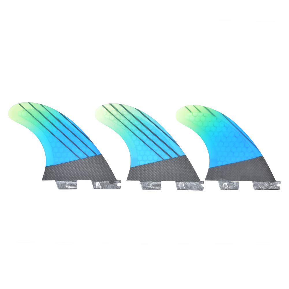 FCS2 Aleta de cola para tabla de surf de fibra de vidrio, accesorio de surf degradado y verde, juego de 3 aletas flexibles para mayor estabilidad y rendimiento, compatible con