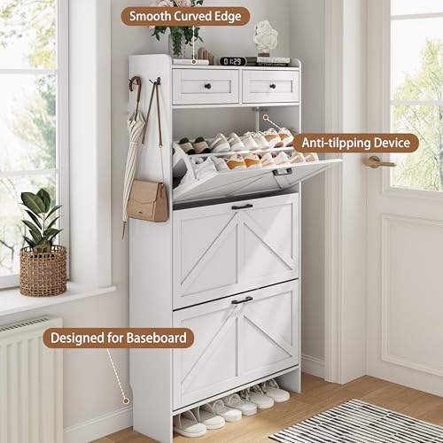 Image of Shoe Cabinet with 3 Flip Drawers & 2 Top Drawers, 57 inch Tall Freestanding Narrow Wooden Shoe Storage Organizer for Entryway, Hidden Slim Shoe Rack for Front Door Entrance, Hallway, Living Room, White