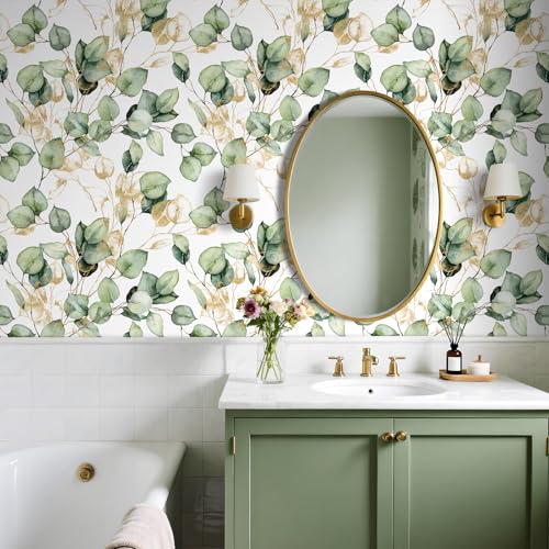 Papier peint botanique vert sauge et or autocollant pour mur