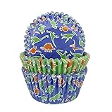 Estos moldes para cupcakes vienen en verde y azul con estampados de dinosaurios variados que mantienen sus colores después de su uso en el horno.