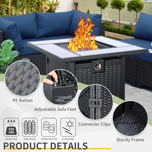 5-Piece Outdoor Patio Furniture Set with Black Wicker Sectional Sofa and Navy Blue Cushions, Including Square Propane Fire Pit Table