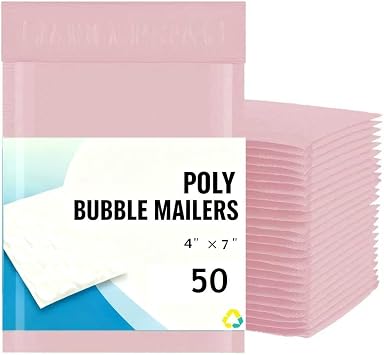 4" x 7", Self Seal Waterproof Mailing Padded Envelopes, Poly Bubble Mailers Shipping Bags, Small Business, Bulk Multiple Color #0000 Usable 4x6 inch, Light Pink, 50 Pieces