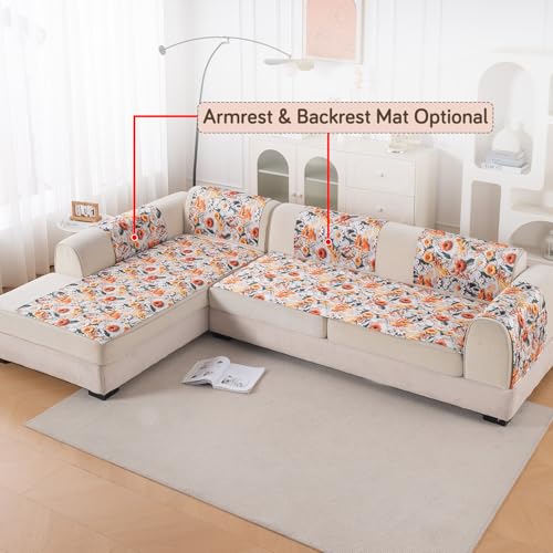 Image of HOKIPO 'Nature Muse' Premium HD Printed Holland Velvet L Shape (2+2 Seater) Sofa Cover Seat Mat, Marigold Bloom (IN-915-D7 + IN-916-D7)